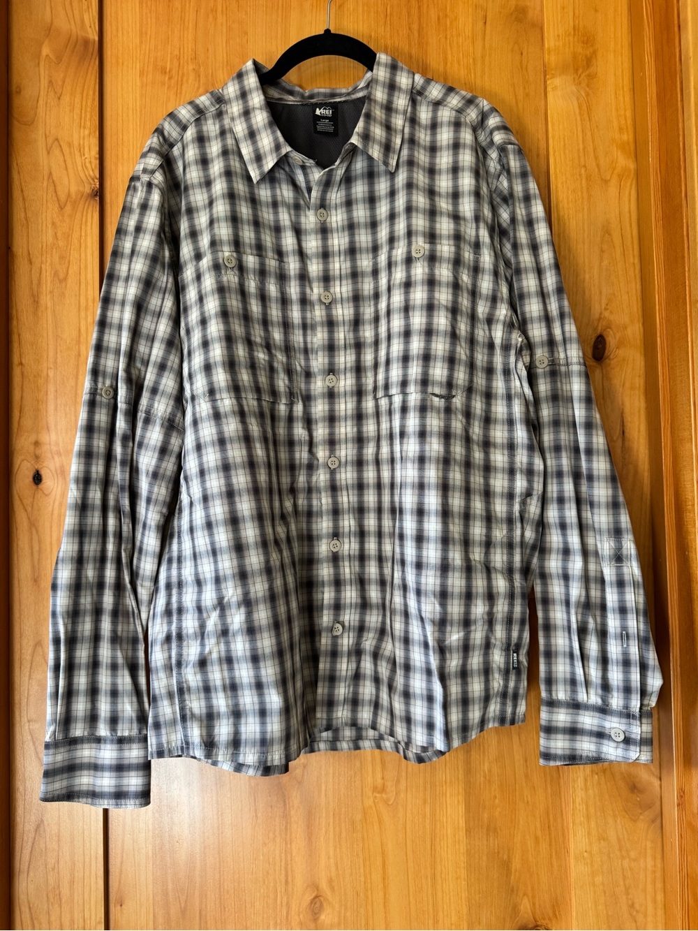 REI Men's Cream and Gray Plaid Button-Down Shirt